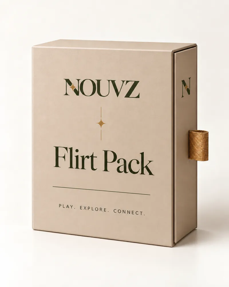 Beige NOUVZ Flirt Pack box with gold star, PLAY. EXPLORE. CONNECT. and gold pull loop
